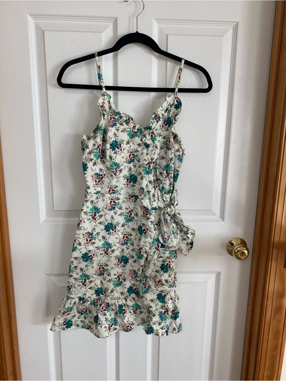 Rebecca Taylor Floral Ruffle Tie-Waist Minidress - White with Teal & Red Floral